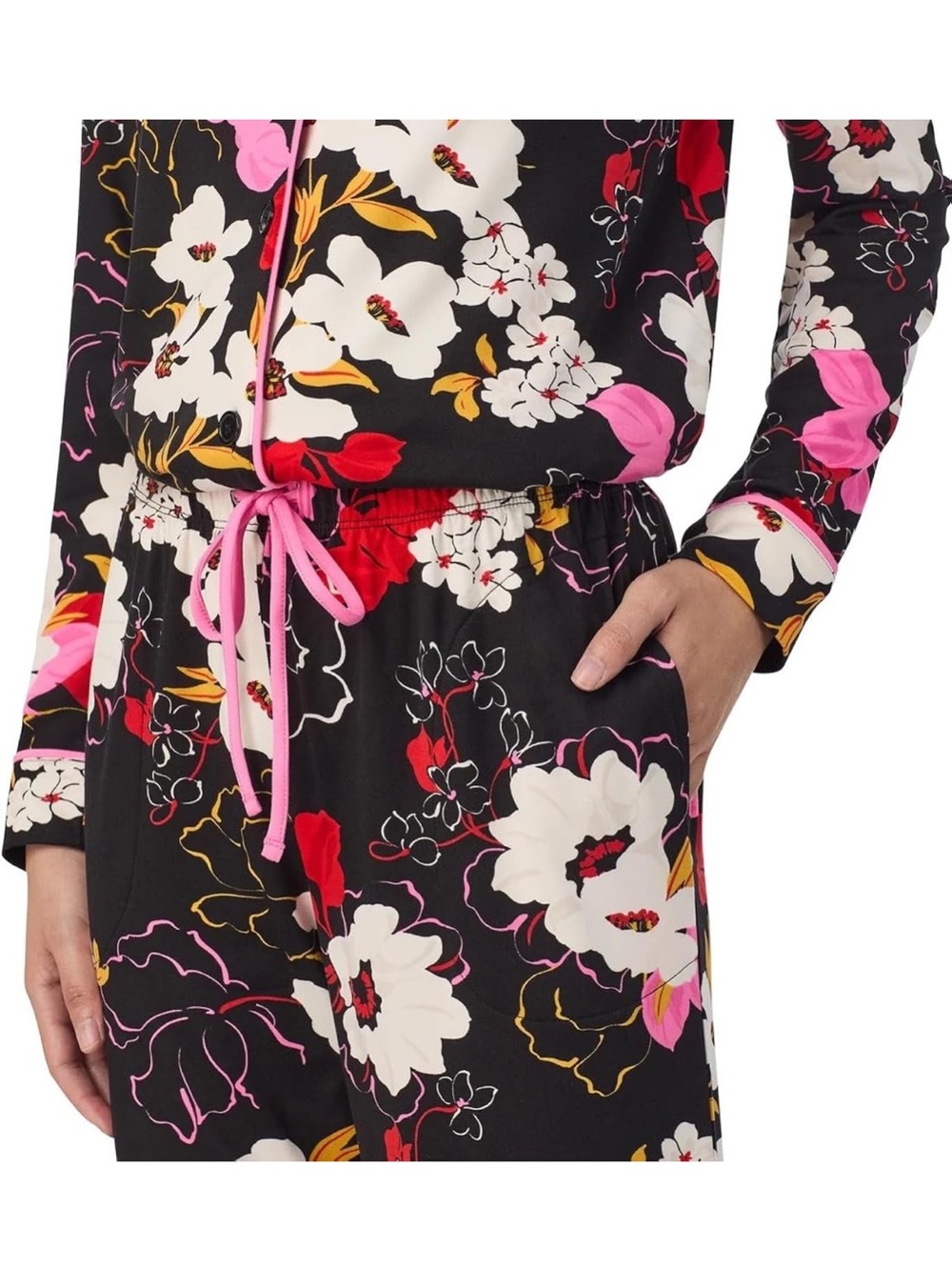 Black Floral Wide-Leg Pajama Set with Pink & Red Accents - Picture 4 of 4